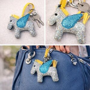 Natasha Pegasus Horse Rhinestone Bag Charm Keychain Yellow Blue
